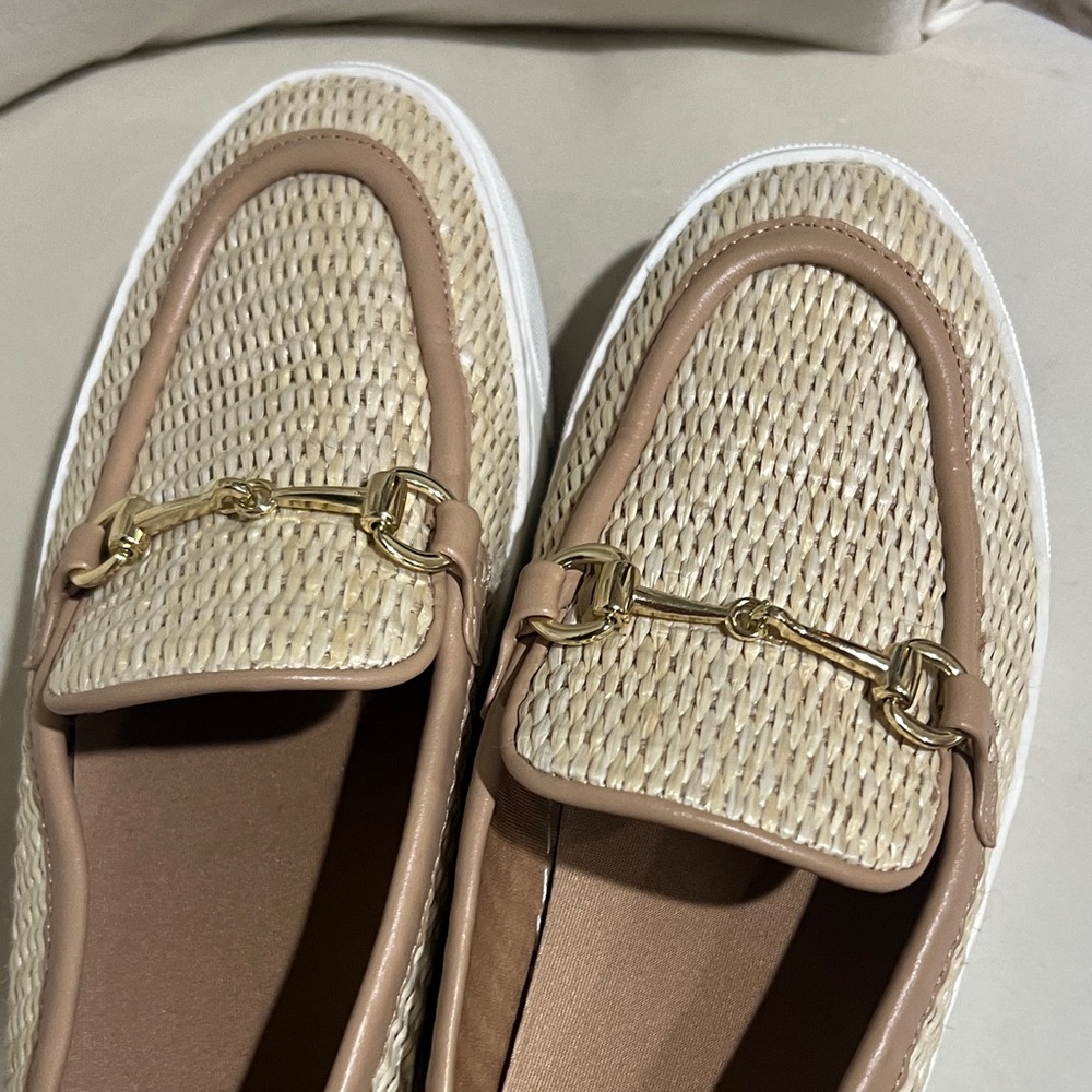 Nordstrom Rack Women's Beige Loafers with Gold Detail.